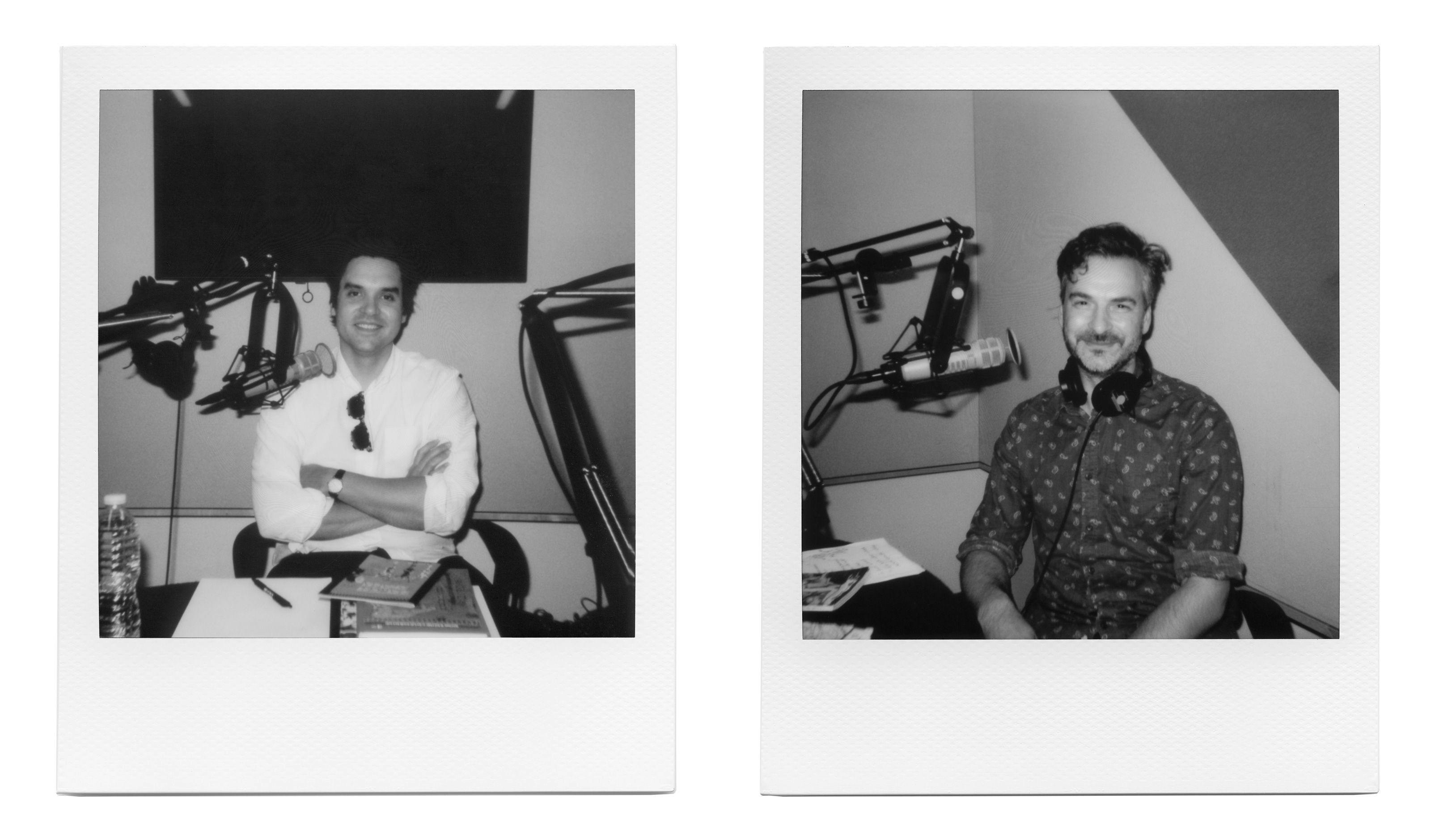 Two polaroid images of Marcel Dzama and Will Butler in the recording studio